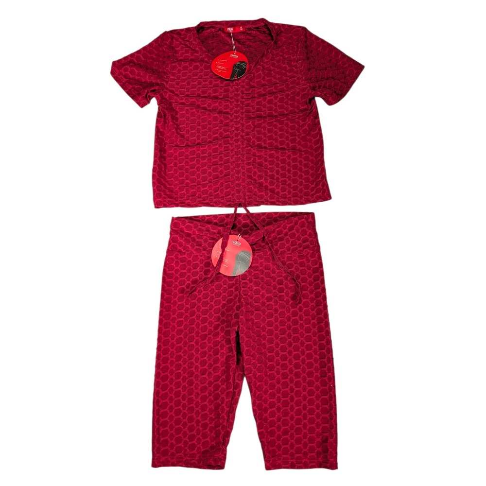 Vizio Collection Womens XL Burgundy Honeycomb Scrunch Butt Biker Short Set NWT